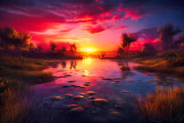Fototapeta na wymiar A colorful sunset over a calm lake, with the sky painted in shades of orange, pink, and purple, creating a breathtaking view