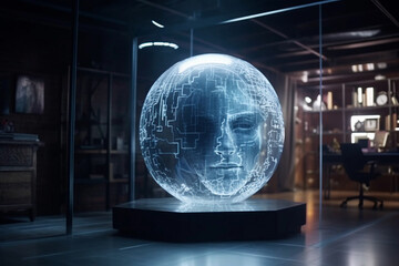 digital illustration of a futuristic hud sphere with a human face projection, artificial intelligence concept, created with generative ai