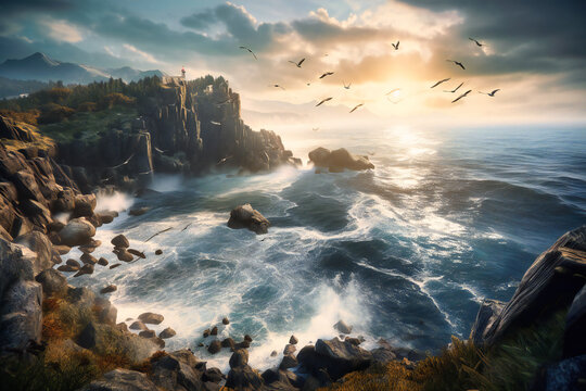 A cliffside overlooking the ocean, with seabirds soaring overhead and the sound of waves crashing on the rocks below