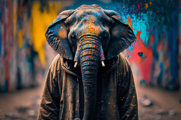 Fototapeta na wymiar Elephant in a scratchy hoody surrounded by a vivid color bomb explosion background, ultra-realistic rendering, ideal for colorful wall art, home décor, and gifts for animal lovers. Generative AI