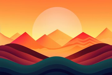 Minimalist Style Mountains, Smooth Lines, Rising Sun, Simple Background, Vivid Colors 