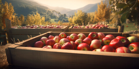 apple orchard. a wooden box of  apples. Ai generative