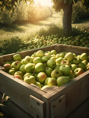 apple orchard. a wooden box of  apples. Ai generative