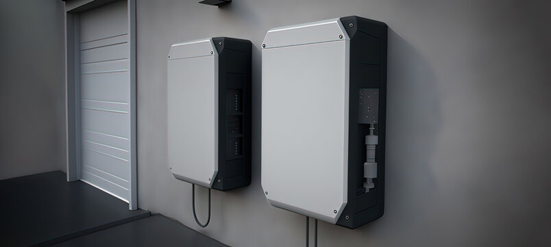 Generic mockup of battery packs alternative electric energy storage system at home garage wall as backup or sustainable energy concepts  - Generative AI