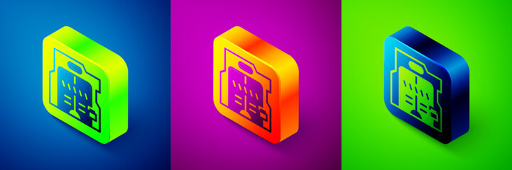 Isometric Futuristic sliding doors icon isolated on blue, purple and green background. Square button. Vector