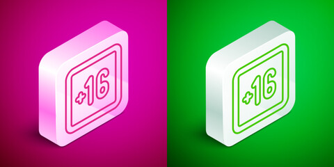 Isometric line Plus 16 movie icon isolated on pink and green background. Adult content. Sixteen plus icon. Censored business concept. Silver square button. Vector