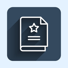 White line Scenario icon isolated with long shadow background. Script reading concept for art project, films, theaters. Blue square button. Vector