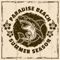Shark vector vintage emblem, label, badge or logo surfing resort. Illustration on background with grunge textures