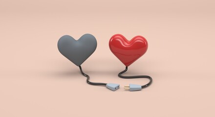 disconnected hearts, one red and one gray heart, thread connecting 2 hearts (3d illustration)