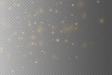 Gold glitter. Magic glowing elements. Bright golden sparks and bokeh. Abstract stardust effect. Glowing particles for banner or poster. Vector illustration.
