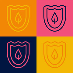 Pop art line Shield with leaf icon isolated on color background. Eco-friendly security shield with leaf. Vector