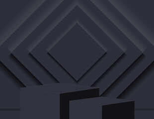 3D podium for product display and the background scene, minimalist style, black and gray tones, display stand, studio for product presentation.
