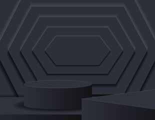 3D podium for product display and the background scene, minimalist style, black and gray tones, display stand, studio for product presentation.