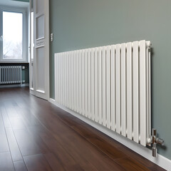 Modern radiator at home. Central heating system created with Generative AI technology.