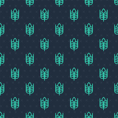 Naklejka premium Green line Cereals set with rice, wheat, corn, oats, rye, barley icon isolated seamless pattern on blue background. Ears of wheat bread symbols. Vector
