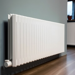Heating metal radiator, white radiator in a modern apartment interior with wooden floor created with Generative AI technology.