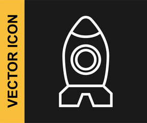 Obraz na płótnie Canvas White line Rocket ship toy icon isolated on black background. Space travel. Vector