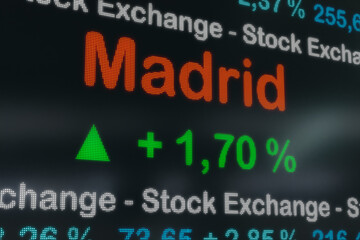 Madrid stock exchange moving up. Spain, Madrid positive stock market data on a trading screen. Green percentage sign and ticker information. Stock exchange and business concept. 3D illustration