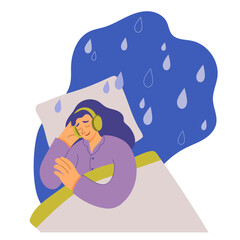 Woman wearing headphones falls asleep to the relaxing sounds of rain. Concept of using ASMR content for calm down. Vector illustration for banners, advertising and printing.