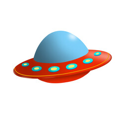 Retro Style Red UFO. Colorful cartoon spaceship isolated on white background. Fantastic illustration flying saucer in vibrant colors.