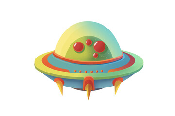 Cartoon UFO spaceship illustration. Futuristic flying saucer with alien inside in retro style. Colorful UFO PNG on transparent background.
