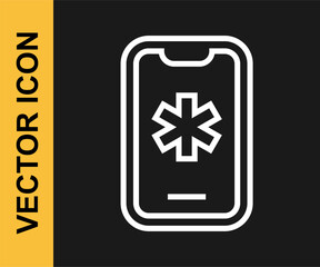 White line Telephone with emergency call 911 icon isolated on black background. Police, ambulance, fire department, call, phone. Vector