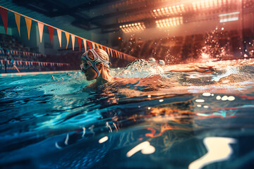 A swimmer training in an Olympic-sized pool with a coach watching