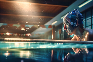 A swimmer training in an Olympic-sized pool with a coach watching