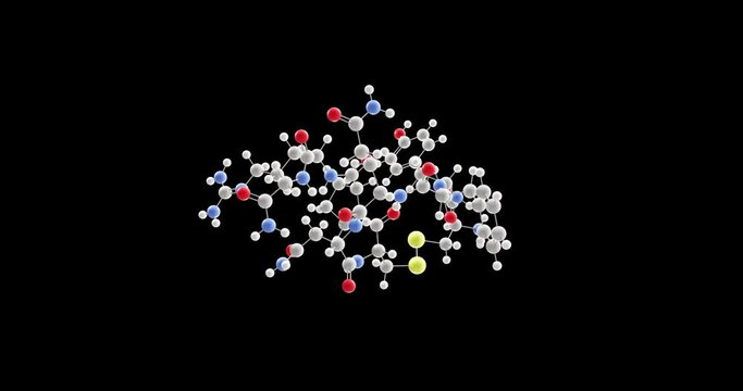 vasopressin molecule, rotating 3D model of argipressin C46H65N15O12S2, looped video with alpha channel