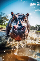 Furious Hippopotamus attacking rushing toward the camera. Generative AI