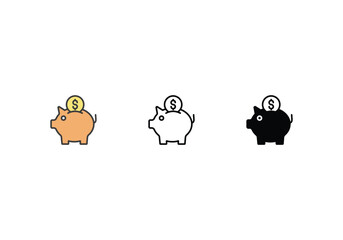 Piggy Bank icons set with 3 styles, vector stock illustration