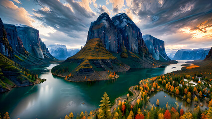 Obraz premium Scenic landscape with mountains rivers lakes in cool atmosphere Generative AI