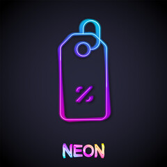 Glowing neon line Discount percent tag icon isolated on black background. Shopping tag sign. Special offer sign. Discount coupons symbol. Vector