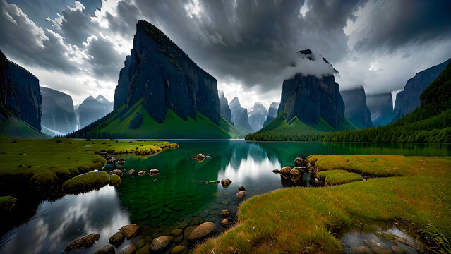 Scenic landscape with mountains rivers lakes in cool atmosphere Generative AI