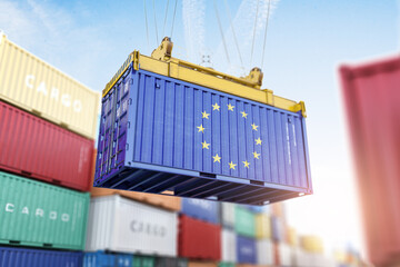 Cargo shipping container with EU European Union flag in a port harbor. Production, delivery, shipping and freight transportation of EU products concept.