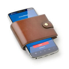 Mobile wallet concept. Smartphone  for payment in lether purse.
