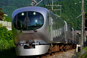 秩父山麓の風景を映して走る西武特急
