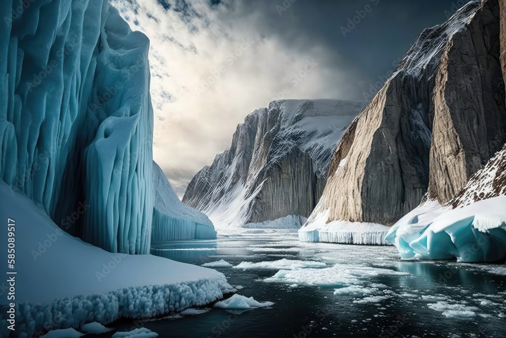 Wall mural a frozen fiord with tall ice cliffs and blue skies in the background, creating a dramatic contrast, created with generative ai