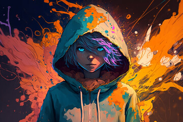 Anime girl in a scratchy hoody surrounded by a vivid color bomb explosion background, ultra-realistic rendering, ideal for colorful wall art, home décor, and gifts for animal lovers. Generative AI