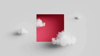 3d render, abstract fantasy background. Flying realistic clouds. Red square hole on the white wall. Minimalist geometric wallpaper