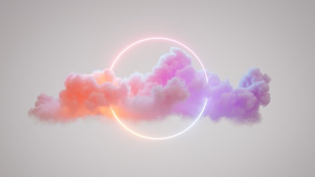 3d render, abstract geometric background, ring shape glows with neon light inside the soft colorful cloud, fantasy sky with blank linear round frame