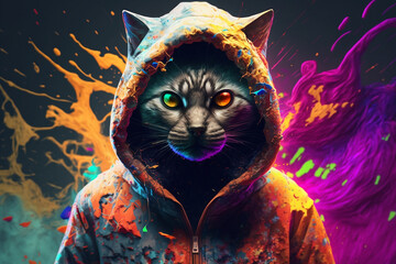 Cat in a scratchy hoody surrounded by a vivid color bomb explosion background, ultra-realistic rendering, ideal for colorful wall art, home décor, and gifts for animal lovers. Generative AI