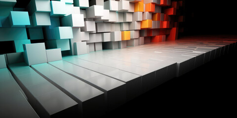 A 3d image of a stage with cubes in the background.  (Generative AI)