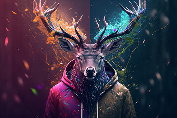 Deer in a scratchy hoody surrounded by a vivid color bomb explosion background, ultra-realistic rendering, ideal for colorful wall art, home décor, and gifts for animal lovers. Generative AI