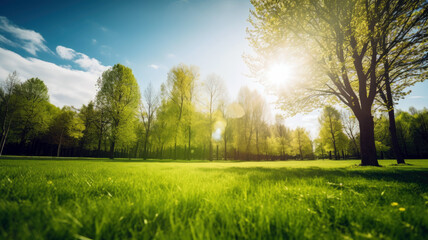 Green grass field with a blue sky and the sun shining through the trees (Generative AI)