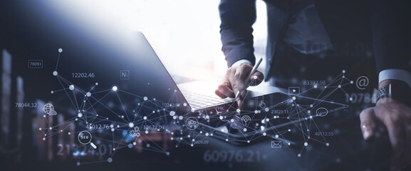 Digital marketing, online business technology, social media advertisement, business plan and strategy concept. Businessman with digital media marketing, IoT Internet of Things