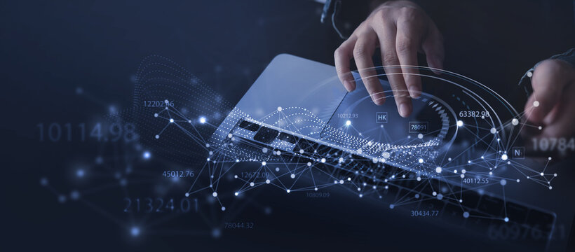 Big data, digital technology abstract background, data science, internet network connection technology concept. Man using modern computer, line and dot connection, cloud computing
