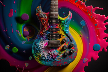Obraz na płótnie Canvas Guitar and a vivid color bomb explosion background, ultra-realistic rendering, ideal for colorful wall art, home décor, and gifts for animal lovers. Generative AI
