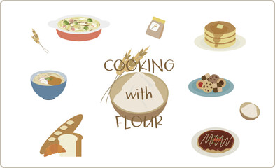 小麦粉を使った料理のイラストセット