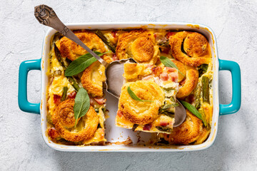 asparagus ham strata with sponge cake circles